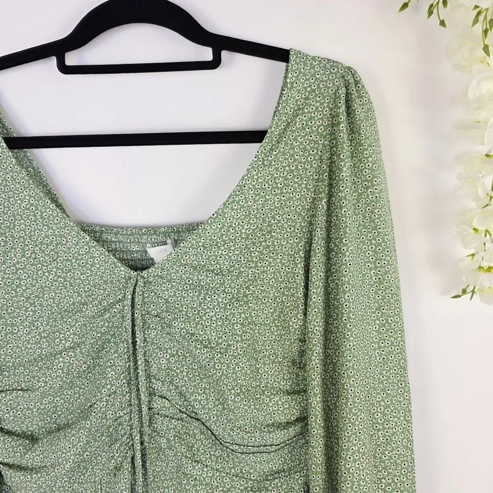 H&M Crop Top Medium Green Floral Ruched Tie Fairy Smocked Cottagecore Boho
